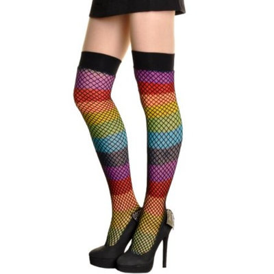 Horizontal Rainbow Double Layer Horizontal Rainbow Fishnet Thigh High