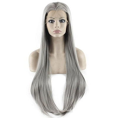 Mxangel Long Straight Lace Front Synthetic Hair Grey Wig Natural Hand Tied Heat Resistant Wig Grey