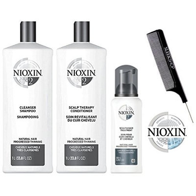 Nioxin System 2 LARGE STARTER KIT for Natural Hair & Progressed Thinning 3-piece TRIO Kit (with Sleek Steel Pin Tail Comb)
