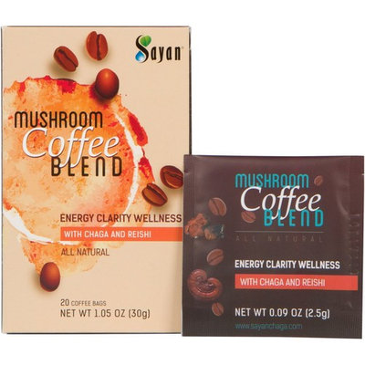 Sayan Mushroom Instant Coffee Blend 20 Packets (0.09oz/2.5g each) 100% Organic Arabica Colombian | Organic Reishi & Chaga Extract | Powerful Immune Support Antioxidant Drink | Concentration & Focus