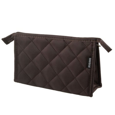 Women Dual Compartments Grid Design Zip Closure Cosmetic Case Bag Brown