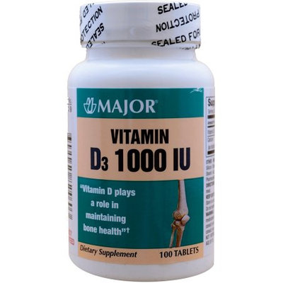 Major Pharmaceuticals Vitamin D3 as Cholecalciferol 1000 IU Vitamin D Supplement 100 Tablets per Bottle
