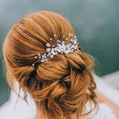 Kercisbeauty Wedding Bridal Bridesmaids Flower Girl Crystal Rhinestone Pearl Beads Combs Headband Bridal Hair Comb Headpiece Long Curly Bun Hair Accessories,Wedding Vintage Hair Comb