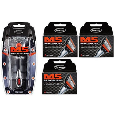 Personna M5 Magnum 5 Razor with Trimmer + M5 Magnum 5 Refill Razor Blade Cartridges, 4 ct. (Pack of 3) + FREE Assorted Purse Kit/Cosmetic Bag Bonus Gift