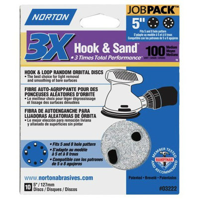 Norton 04034 5-Inch 5 and 8 Hole P100 3X Hook and Loop Discs, 50-Pack