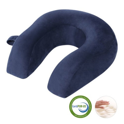 LANGRIA U-Shaped Ergonomic Memory Foam Travel Neck Pillow with Snap Closure, Navy Blue