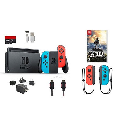 Ushopmall & Switch Nintendo Switch Bundle (7 items): 32GB Console Neon Red Blue Joy-con, Game The Legend of Zelda, Extra Pair of Joy-con Red and Blue,128GB Micro SD Card, Type C Cable, HDMI Wall Charger