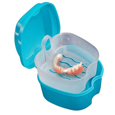 Denture Box Case, Leoy88 Denture Bath Box Case Dental False Teeth Storage Box with Hanging Net Container