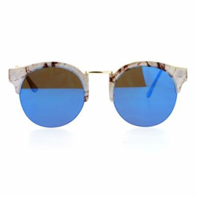 SA106 Marble Half Horned Rim Horned Round Mirror Lens Sunglasses Beige Blue