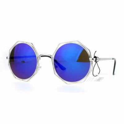 SA106 Octagonal Double Rim Circle Lens Womens Sunglasses Silver Blue