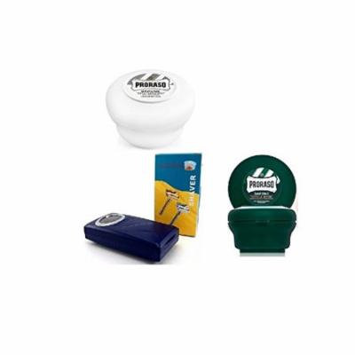Proraso Shave Soap, Sensitive 150 ml + Proraso shaving soap menthol and eucalyptus 4oz + Shaving Factory Double Edge Safety Razor, Silver
