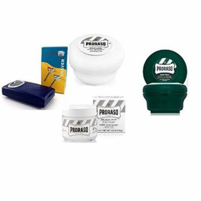 Proraso Shave Soap, Sensitive 150 ml + Proraso shaving soap menthol and eucalyptus 4oz + Shaving Factory Double Edge Safety Razor, Silver + Proraso Pre Shaving Cream w/ Green Tea & Oatmeal 100 ml