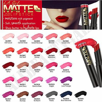 L.A. Girl Matte Flat Velvet Lipstick 26 piece set (1 of each shade) with a glamorous hair pin and 3 Lustrasilk packets