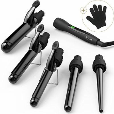 xtava 5 in 1 Professional Curling Wand and Curling Iron Set - 0.3 to 1.25 Inch Interchangeable Ceramic Barrel Wand Curling Iron - Dual Voltage Hair Curler for All Hair Types with Glove and Travel Case