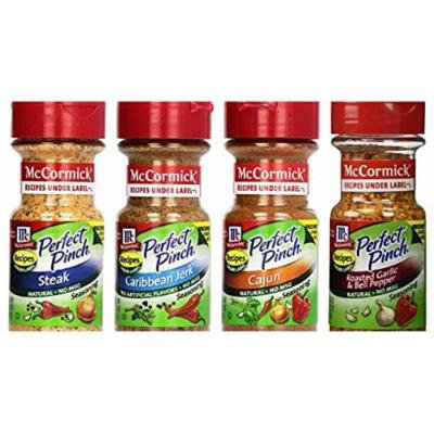 McCormick Perfect Pinch Bundle (Pack of 4) includes 1-Bottle Roasted Garlic & Bell Pepper, 2.37 oz + 1-Bottle Caribbean Jerk, 3.25 oz + 1-Bottle Cajun, 3.18 oz + 1-Bottle Steak, 3.87 oz