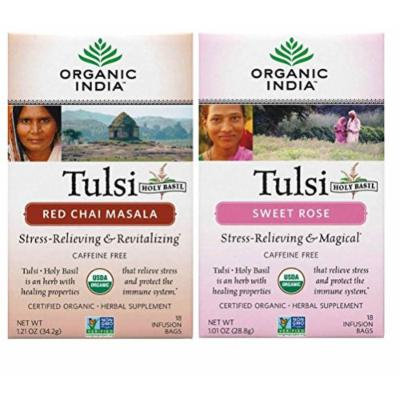 Organic India Tulsi Organic Non-GMO Caffeine-Free Tea 2 Flavor Variety Bundle: (1) Organic Red Chai Masala Tulsi Tea, and (1) Organic Sweet Rose Tulsi Tea, 1.01-1.21 Oz. Ea.