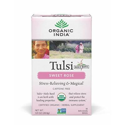 ORGANIC INDIA Tulsi Sweet Rose Tea - Delicious Sweet Rose and Holy Basil Blend Rich in Antioxidants - Caffeine Free, 100% Certified Organic, Non-GMO, and Fair Trade, 18 Tea Bags (6 Pack)