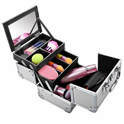Homdox Mini Makeup Train Case Aluminum Cosmetic Box With Mirror + 2 Keys Jewelry Box Cosmetic Organizer (Silver Black) 7.8 x 6.05 x 6.05inch