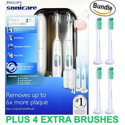 Philips Sonicare Plaque Control Plus Rechargeable Toothbrush HX6254/81 Twin Pack (2 Rechargeable Toothbrushes, 4 Brush Heads, 2 travel cases, & 2 Chargers) PLUS 4-Pk Sonimart Toothbrush Heads (BUNDLE)