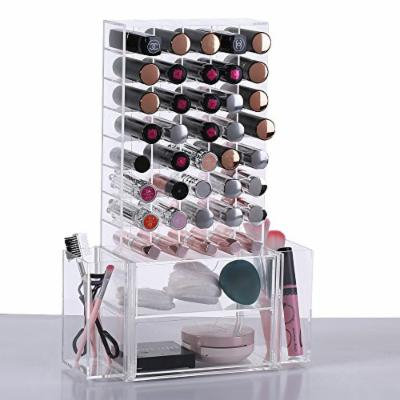 Ikee Design All in 1 Clear Premium Acrylic Lipstick Organizer Makeup Brush Holder for Lipstick Cosmetics With Removable Side Compartment