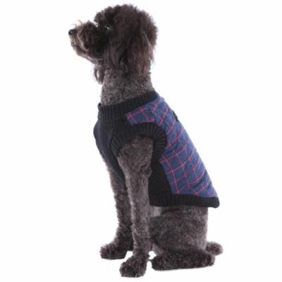 Dog's Plaid Quilted Sweater Fleece Zip Up Vest with Leash D-Ring, Navy, Small