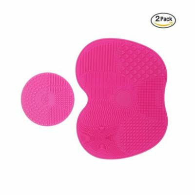2 Pcs Makeup Brush Cleaning Mats, Silicon Brush Cleaner Pad Includes 7 Suction Cups on the Back, 1 Apple Shaped Large Mat+1 Round Shaped Mini Mat (Pink)