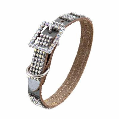 Pewter Silver Leather Dog Collar with 4 Rows of High Quality Clear Rhinestones And Rhinestone Buckle, Size Large