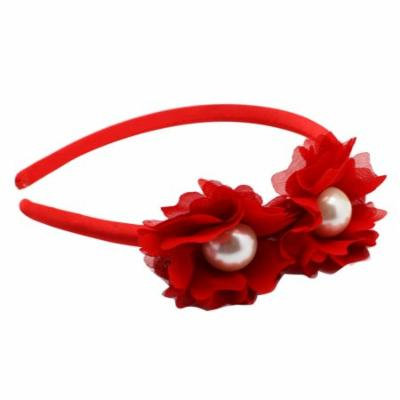 Red Colored Hairband With Faux Pearl Flower Duet