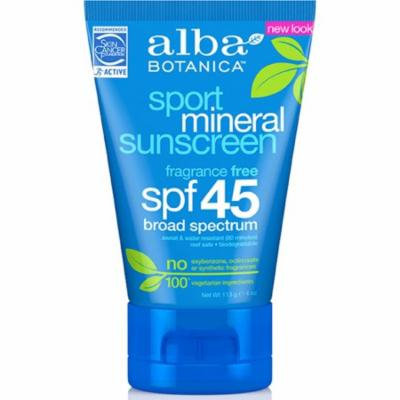 Alba Botanica Very Emollient Sport Mineral Sunscreen, SPF 45 4 oz (Pack of 4)