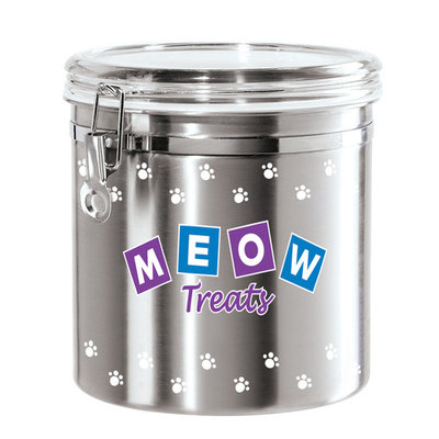 Oggi 8315 Jumbo Airtight Stainless Steel Pet Treat Canister with Meow Treats Motif-Clear Acrylic Flip-Top Lid and Locking Clamp Closure, 130 oz, Silver