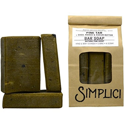 Simplici Pine Tar Bar Soap - With Added Shea Butter, Mango Butter & Kokum Butter. Hand Milled, 4.0 OZ Bars (3 Count)