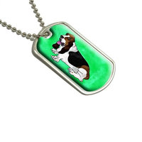 Basset Hound Watercolor Teal Military Dog Tag Luggage Keychain