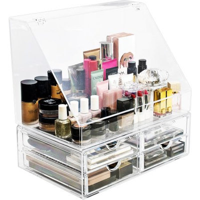 Ggi International Sorbus Acrylic Cosmetics Makeup Organizer Storage Case Holder Display with Slanted Front Open Lid, Style 2, Slanted Lid with 4 Drawers