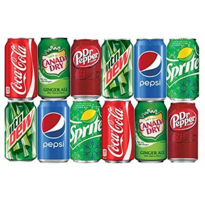 Assortment of Soda, Coca-Cola, Pepsi, Dr Pepper, Mountain Dew, Sprite and Ginger Ale Drinks Refrigerator Restock Kit (Pack of 12)
