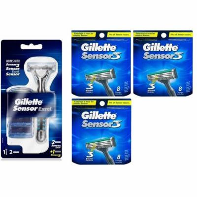 Gillette Sensor Excel Razor w/ 3 Cartridges + Gillette Sensor3 8 Ct. Refill Blades (Pack of 3)