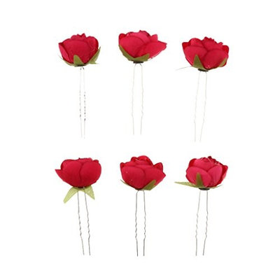 Prettyia 6pcs Wedding Bridesmaid Decoration Bridal U Hair Pin Clip Fabric Flower Hairpin - Red