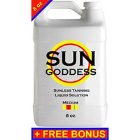 Sun Goddess - MEDIUM - 8 oz - Sunless Self Tanning liquid Solution/Spray Tan Solution + FREE BONUS: Sunless Self Spray Tanning Applicator Mitt & Gloves + 1 Sunless Self Tanning Lotion Tanner Sample