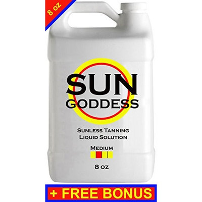 Sun Goddess - MEDIUM - 8 oz - Sunless Self Tanning liquid Solution/Spray Tan Solution + FREE BONUS: Sunless Self Spray Tanning Applicator Mitt & Gloves + 1 Sunless Self Tanning Lotion Tanner Sample