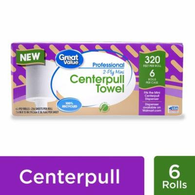 Great Value Professional 2-Ply Mini Centerpull Paper Towel Rolls, 6 Rolls, 320 ft.