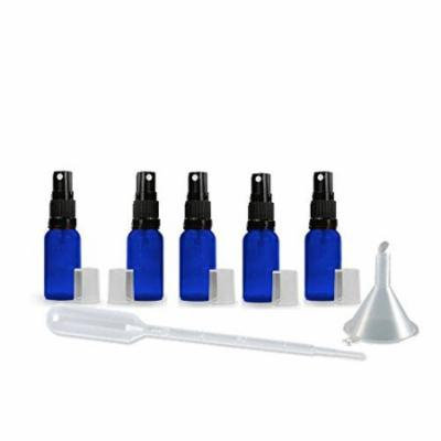 6 Grand Parfums 5ml Cobalt Blue Glass Fine Mist Atomizer Spray Bottles, with Black Mister and Clear Hood, Essential Oil Safe