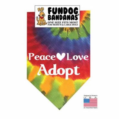 Fun Dog Bandana - Peace Love Adopt - One Size Fits Most for Med to Lg Dogs, tie dye pet scarf