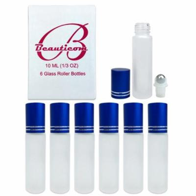 Beauticom High Quality 10 ml 1/3 Oz Frosted Glass Stainless Steel Roll On Bottles with Blue Aluminum Caps