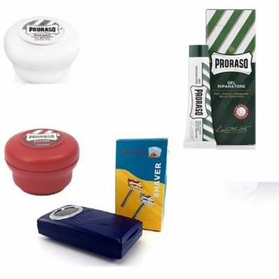 Proraso Shave Soap Sensitive 150ml + Proraso Shave Soap Sandalwood 150ml + Shaving Factory Double Edge Safety Razor, Silver + Proraso Styptic Gel 10ml + Makeup Blender