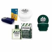 Proraso Shave Soap, Sensitive 150 ml + Proraso shaving soap menthol and eucalyptus 4oz + Shaving Factory Double Edge Safety Razor + Proraso Aftershave Lotion, Refresh, 100 ml + Curad Bandages 8 Ct