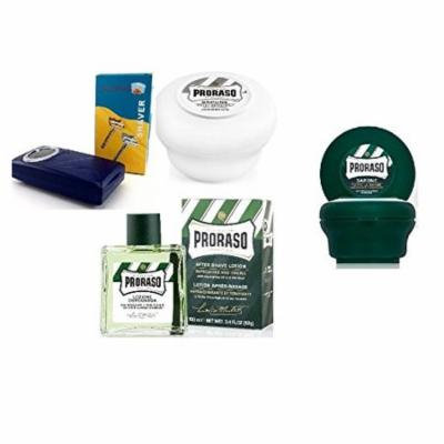 Proraso Shave Soap, Sensitive 150 ml + Proraso shaving soap menthol and eucalyptus 4oz + Shaving Factory Double Edge Safety Razor + Proraso Aftershave Lotion, Refresh, 100 ml + Curad Bandages 8 Ct