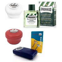 Proraso Shave Soap Sensitive 150ml + Proraso Shave Soap Sandalwood 150ml + Shaving Factory Double Edge Safety Razor, Silver + Proraso Aftershave Lotion, Refresh, 100ml + Makeup Blender