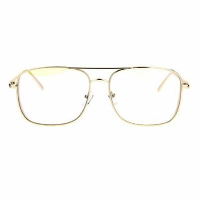 Retro Trend Mens Rectangular Side Visor Metal Aviator Clear Lens Glasses Light Gold