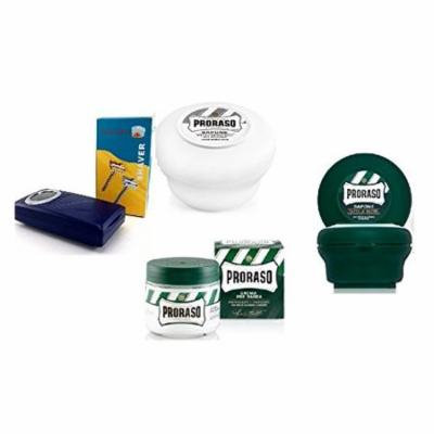 Proraso Shave Soap, Sensitive 150 ml + Proraso shaving soap menthol and eucalyptus 4oz + Shaving Factory Safety Razor + Proraso Pre Shaving Cream w/ Menthol & Eucolyptus 100 ml + Makeup Blender