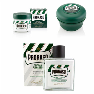 Proraso Menthol & Eucalyptus Set: Pre-shave Cream 3.6oz + Shave Soap 5.2oz + Aftershave Balm 3.4oz + LA Cross Blemish Remover 74851