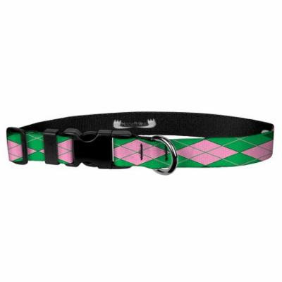 Deluxe Adjustable Dog Collar: Medium, Argyle: Green & Pink, 1 inch Sublimated Polyester by Moose Pet Wear